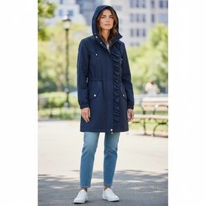 NWT Tory Birch Navy Hooded Warren Ruffle Trench Coat
